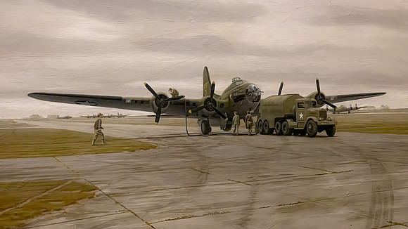 Painting of a B17 being refueled in England during WWII.