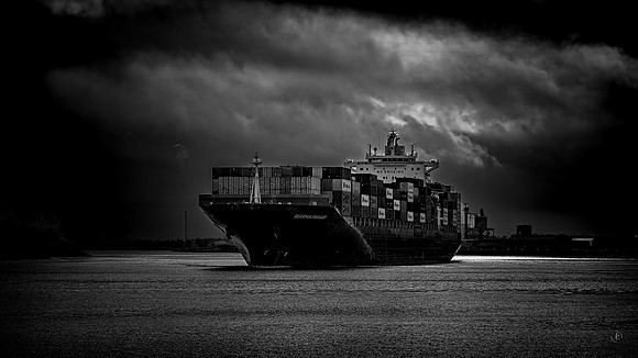Incoming Container Ship -BW