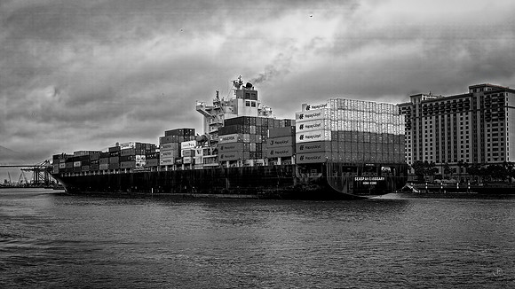Incoming Container Ship - BW